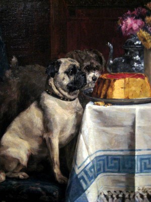 Pug looking at cake painting